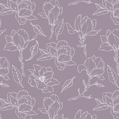 Hand Drawn magnolia Background. Magnolia Seamless Pattern Trendy graphics. Magnolia Line Art. Spring flowers seamless pattern. Magnolia pattern for luxury wallpapers, textile, wedding invitations