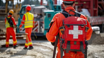 Obraz premium Emergency Medical First aid kit bags of first aid team service for an accident in work of worker, injury recovery, recovery