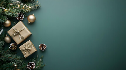 un fondo liso con espacio de copia con ornamentos decorativos en color dorado y verde elegantes para invitacion o tarjeta de diseño de navidad