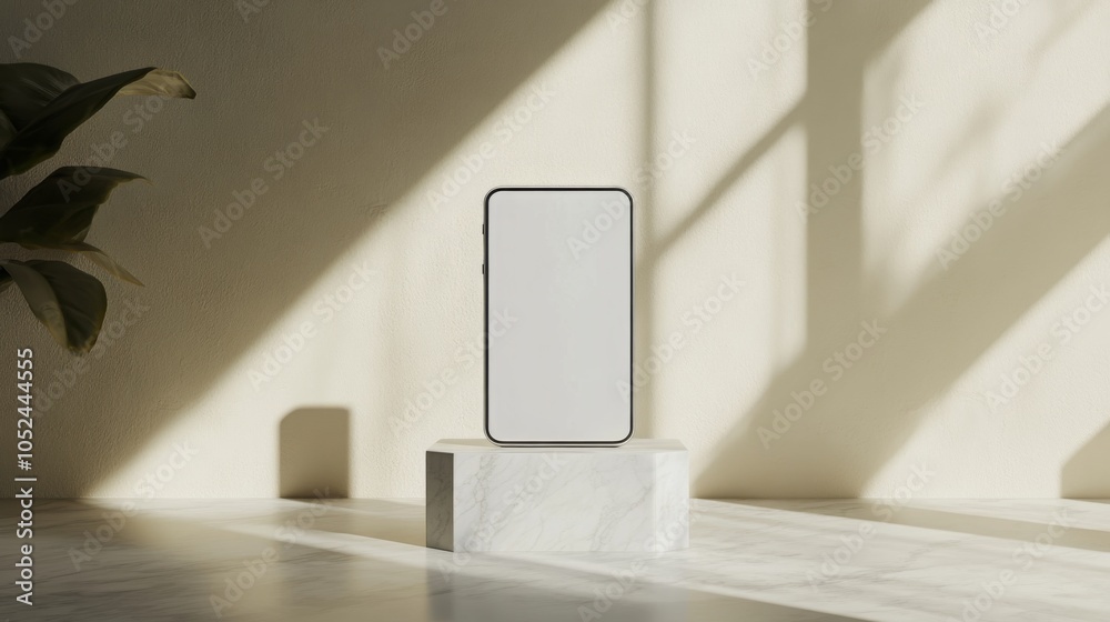 Aufkleber a sleek smartphone stands on a small marble pedestal, bathed in warm sunlight that casts gentle shad