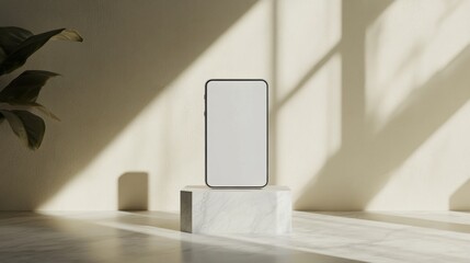 A sleek smartphone stands on a small marble pedestal, bathed in warm sunlight that casts gentle shadows on a softly colored wall, creating an atmosphere of modern sophistication and simplicity.