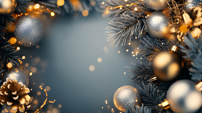 un dise&ntilde;o de un fondo navide&ntilde;o elegante y sofisticado con elementos y ornamentos en color plata gris y dorado para invitacion o tarjeta