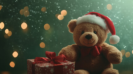 Christmas teddy bear wearing santa hat with christmas tree and gift box background