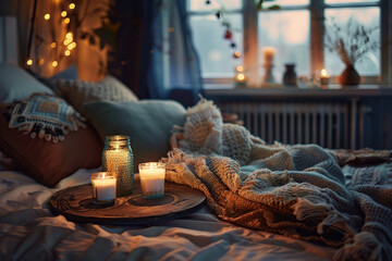 Burning candles with warm blanket and grey sofa, christmas holiday concept