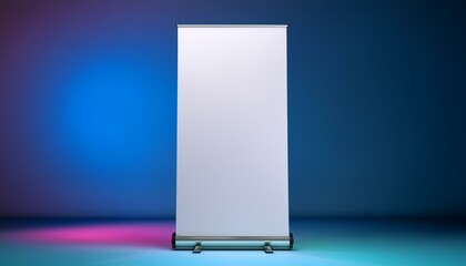 Blank roll-up banner mockup with gradient background in studio. 3D Rendering