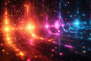Abstract glowing neon lines and circles in a dark futuristic digital space.