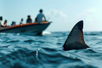 Fototapeta premium Big white shark fin against of boat with tourists background
