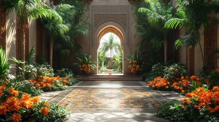 Fototapeta premium A beautiful, ornate archway leads to a lush garden with palm trees and flowers.