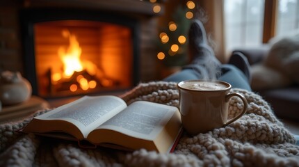 Winter Escape – Reading a Book by the Fireplace with a Warm Blanket and Hot Cocoa