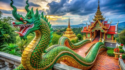 Naga Snake Sculpture Guarding Thai Temple Entrance - Serpentine Guardian of Spirituality and Culture