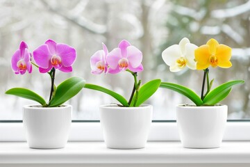 Window sill decoration with potted orchids - living decorations