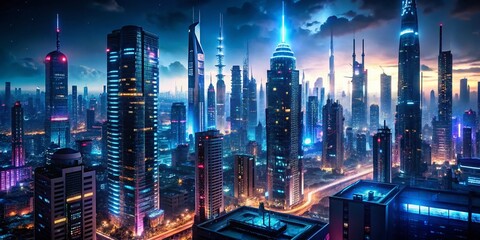 Fototapeta premium Neon Futuristic Cityscape: Aerial View of a Sci-Fi Urban Night Panorama with Vibrant Lights