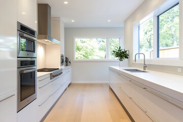 Bright modern kitchen with large windows and clean design