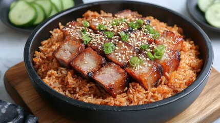 Fototapeta premium Delicious Asian Pork Rice Bowl with Fresh Vegetables