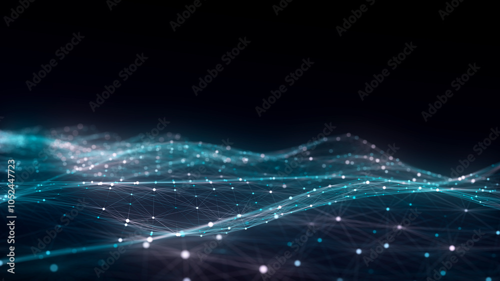 Poster futuristic moving wave. digital background with moving glowing particles and lines. big data visuali