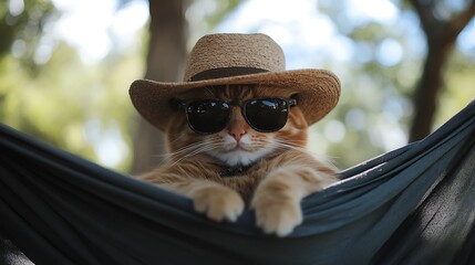 A Cool Cat Relaxing in a Hammock While Wearing Sunglasses and a Straw Hat