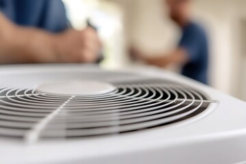 Close-up view of an air purifier with technicians in background