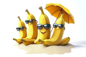 Playful yellow bananas wearing sunglasses and enjoying summer under an umbrella.