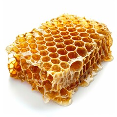 Golden honeycomb dripping with fresh honey on a white background
