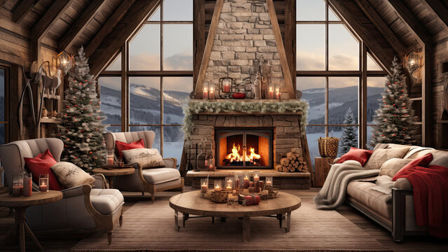 Interior of rustic cabin lodge room background decorated for Christmas holiday and fireplace. Window of snowy trees and mountains. Teams backdrop virtual online presentation remote video call meeting.
