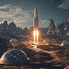 Futuristic Rocket Landing on Alien Exoplanet Space Colony