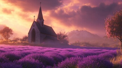 Serene Lavender Fields with Charming Church at Sunset