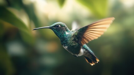 Close-up of a hummingbird in flight with a blurred background.