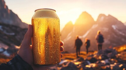 A person holds a cold, dewy can while standing in the mountains at sunset. Friends stroll in the background, surrounded by stunning peaks illuminated by the warm glow of twilight.