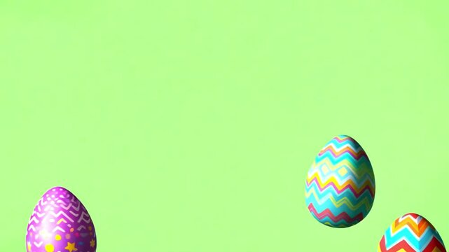Easter Egg falling on green screen background. 3D rendering. Painted Easter eggs animation cartoon 4k video. Happy Easter Holidays effect chroma key