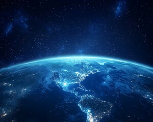 Fototapeta premium Satellite View of Illuminated Earth at Night Showcasing Bright City Lights Against Dark Landscapes