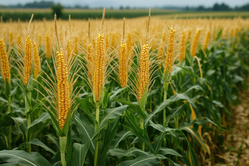 Fototapeta premium A Field Of Genetically Modified Corn, Highlighting Its Robust Growth And Uniform Appearance Compared To Non-Gm Crops