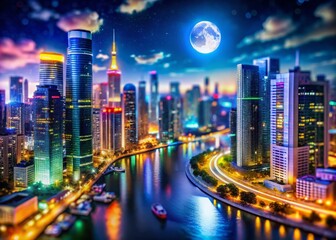 Naklejka premium Nighttime Metropolis with Skyscrapers and Neon Lights – Tilt-Shift Watercolor Illustration