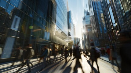 Fototapeta premium People rushing to work with blurred movement of tall buildings behind