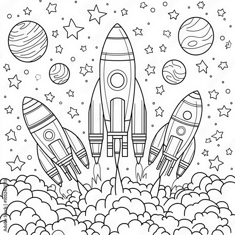 Poster A space adventure with rockets and planets, coloring page for kids, simple outline illustration. Coloring book, simple lines.