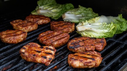 Grilled Meat and Lettuce on Barbecue Grill