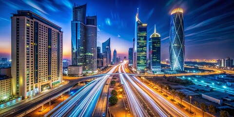 Obraz premium Night View of Skyscrapers in Saudi Arabia with Illuminated Windows and Surroundings