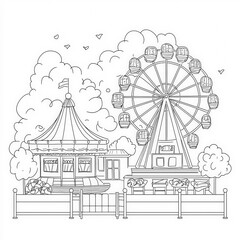 Fototapeta premium A whimsical fair with rides and cotton candy, coloring page for kids, simple outline illustration. Coloring book, simple lines.