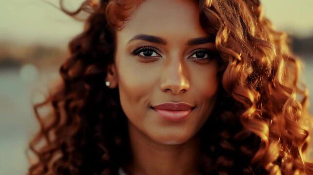 Portrait of beautiful elegant woman outdoor. Pretty girl with red head curly hair poses, looks at camera. An attractive confident female person smiles. Hot 20s stylish lady face close up. Sun kissed.