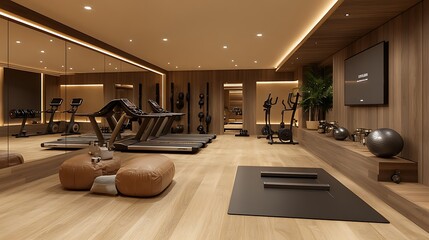 A modern home gym with wood floors, a large mirror, and a variety of exercise equipment.