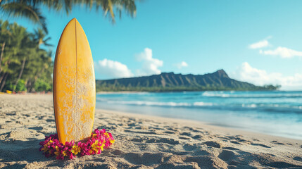 Background Showcasing Traditional Hawaiian Elements Such As A Surfboard, Lei Garlands, And Volcanic Mountains, Set Against A Sunny Beach Backdrop With Soft Sand