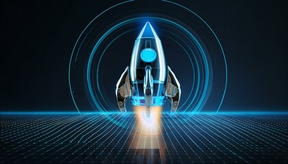 Futuristic Rocket Launch Symbol on Dark Background. 3D Rendering