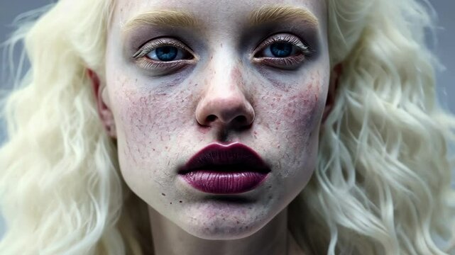 The albino girl. A woman with white hair, eyebrows, blue eyes and freckles.