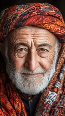Obraz premium Close-up Portrait of an Elderly Man Wearing a Traditional Headscarf