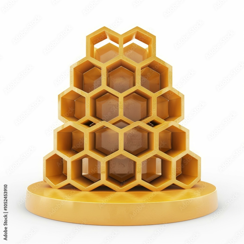 Poster golden honeycomb structure standing on a circular podium, creating a visually appealing design