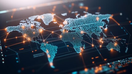 Futuristic world map with glowing nodes and connection lines, showcasing global digital communication, international network visualization