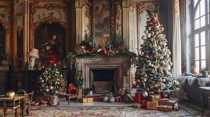 Fototapeta premium Festive interior with decorated Christmas tree and fireplace, New year s eve, Happy New year