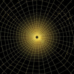 Fototapeta premium Glowing golden spiderweb on a dark background, Halloween-themed abstract web design, perfect for spooky decorations.