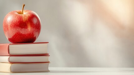 A shiny red apple is artistically placed on a stack of neatly arranged, colorful books, symbolizing knowledge, education, and the quest for learning.