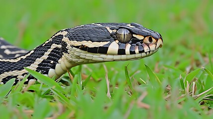 Fototapeta premium A close-up of a snake with distinctive black and white patterns resting on green grass.