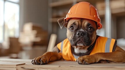 A humorous image of a dog dressed as a construction worker, complete with an orange safety helmet and vest, brings a playful twist to work-themed visuals.